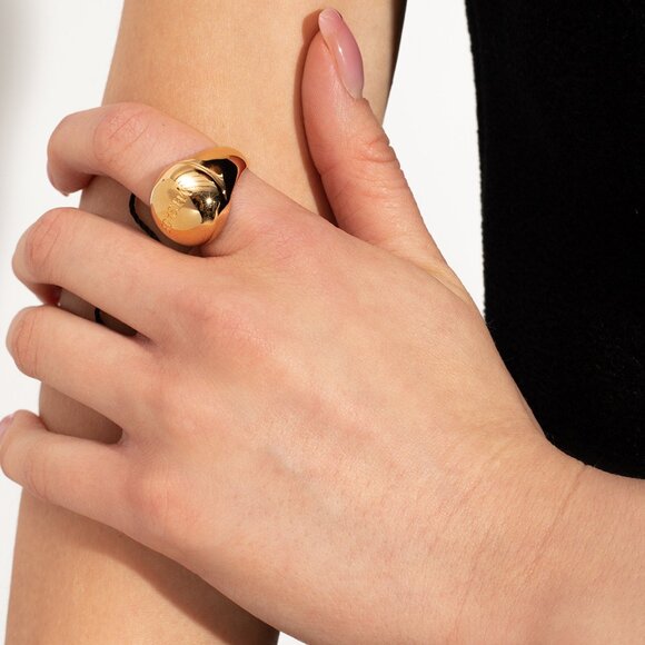 Versace Gold Color Metal Logo Engraved Statement Ring Sz 9